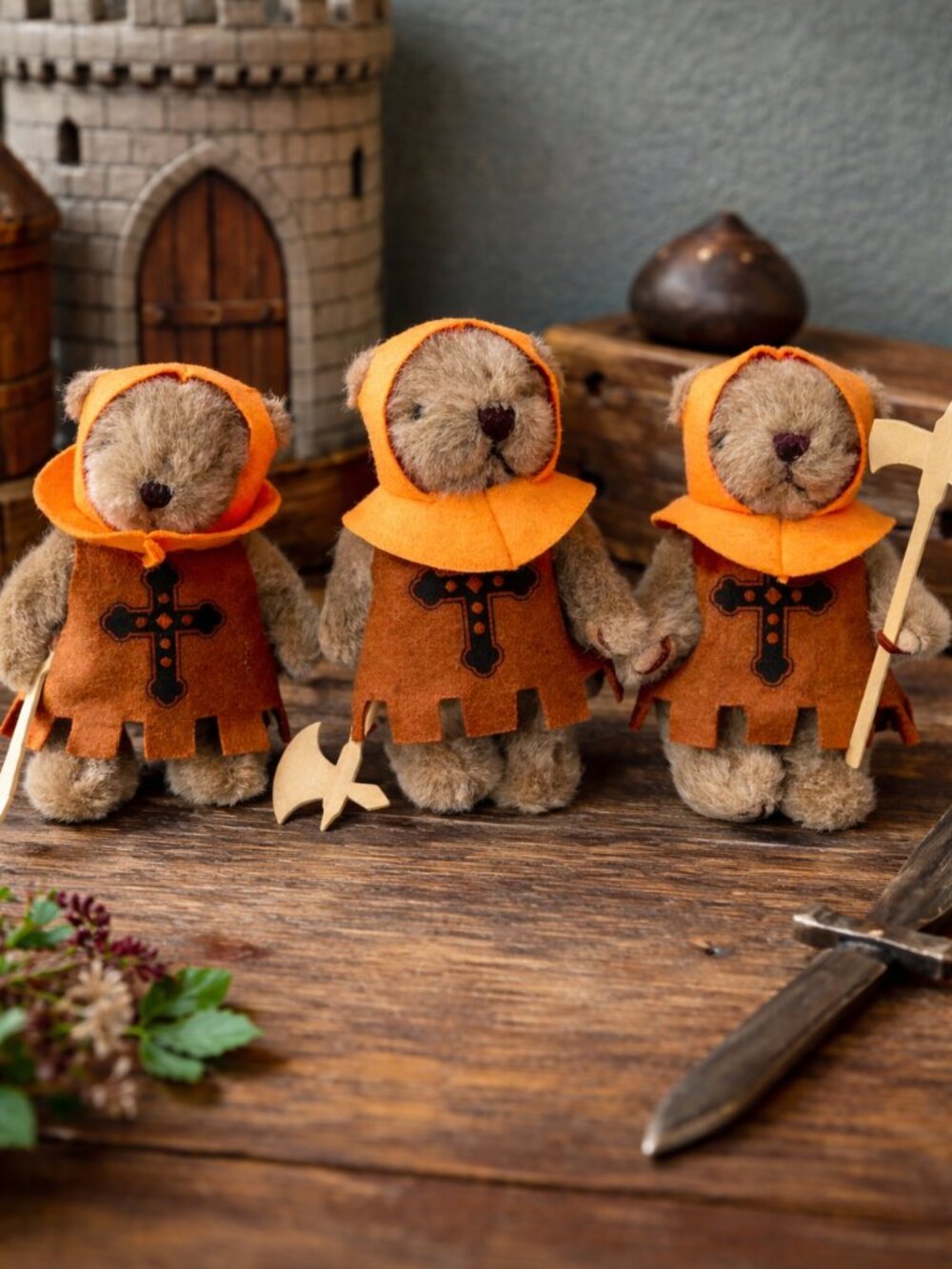 Vtg Takara Medieval Knight Teddy Bear Trio Crusader Plush Set Japan